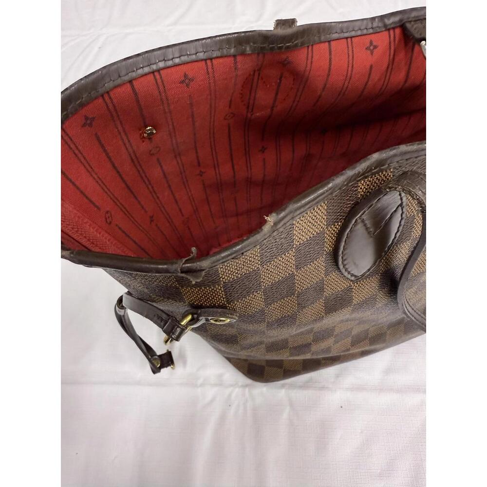 Louis Vuitton Neverfull MM Tote Bag Womens Brown Damier Ebene Red Lining Canvas - Picture 12 of 16